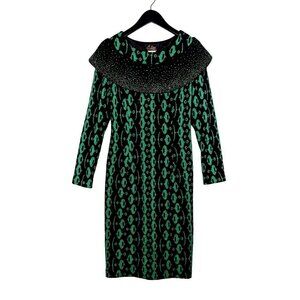 Vintage Elite Champagne Emerald City Green Black Rhinestone Sheath Dress Size 6